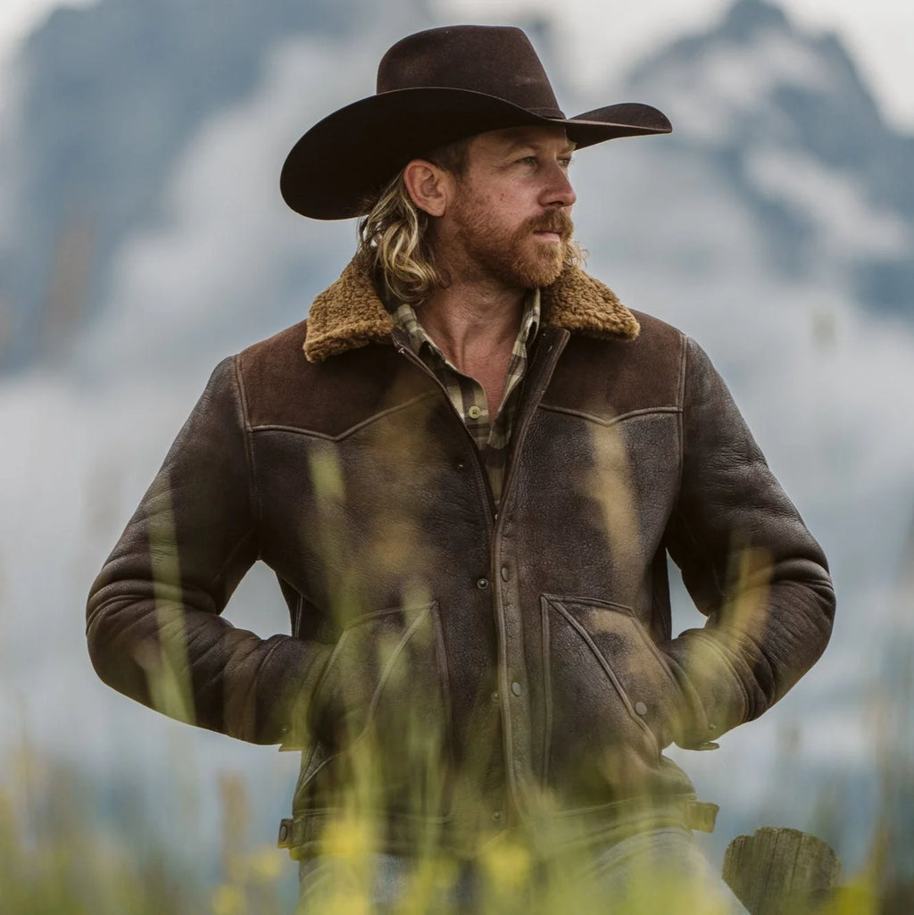 Men's Distressed Brown Western Shearling Leather Jacket