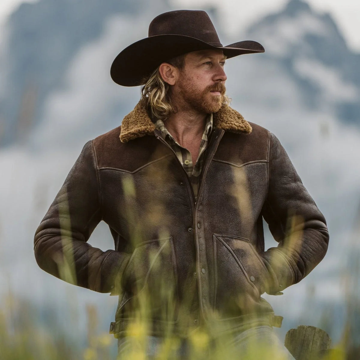 Men's Distressed Brown Western Shearling Leather Jacket
