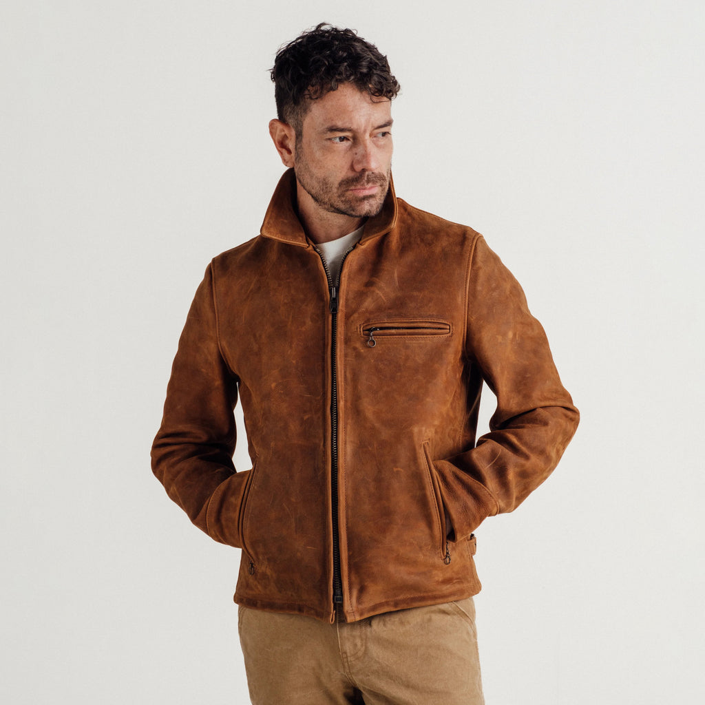 Men's Distressed Tan Leather Shirt Collar Jacket