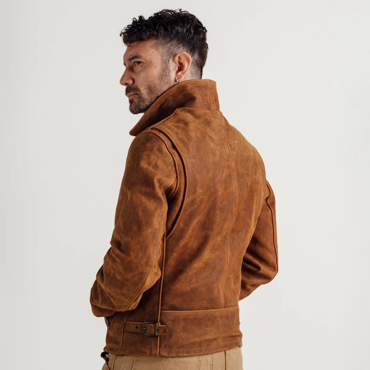 Men's Distressed Tan Leather Shirt Collar Jacket