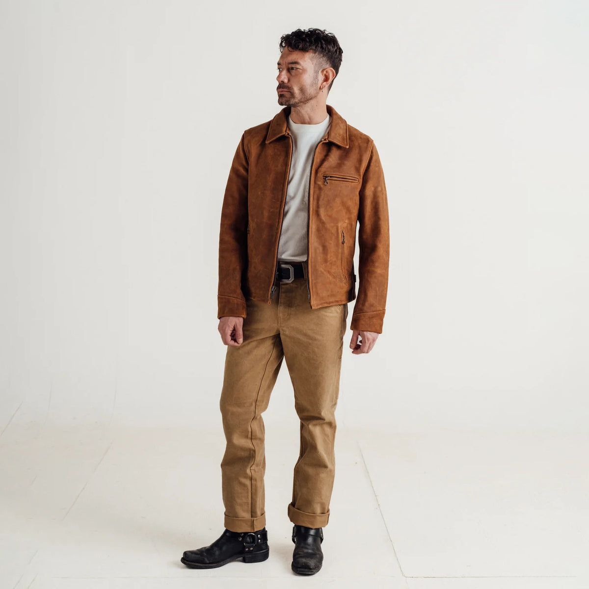 Men's Distressed Tan Leather Shirt Collar Jacket