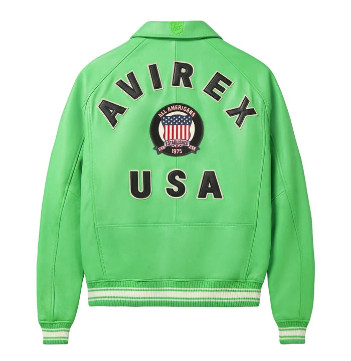 Men's Green Lambskin Leather Varsity Bomber Jacket with USA Logo Appliqué
