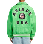 Men's Green Lambskin Leather Varsity Bomber Jacket with USA Logo Appliqué