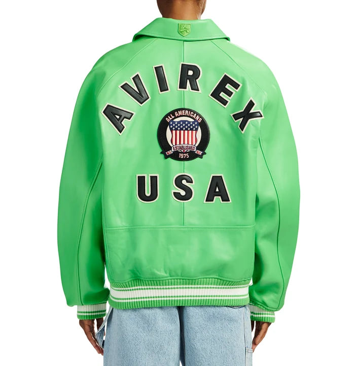 Men's Green Lambskin Leather Varsity Bomber Jacket with USA Logo Appliqué