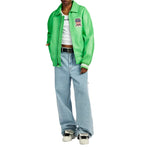 Men's Green Lambskin Leather Varsity Bomber Jacket with USA Logo Appliqué