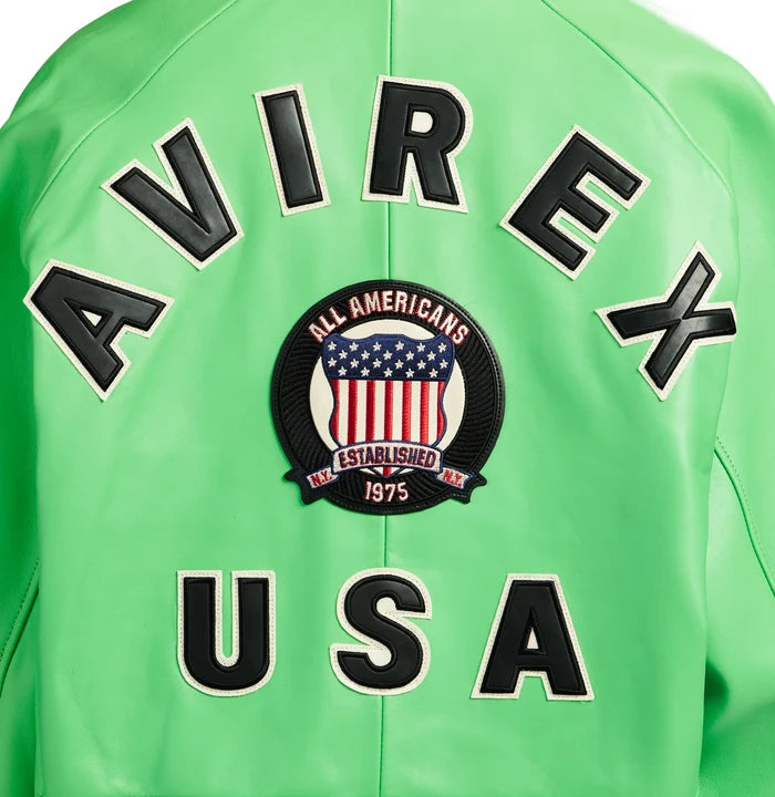 Men's Green Lambskin Leather Varsity Bomber Jacket with USA Logo Appliqué