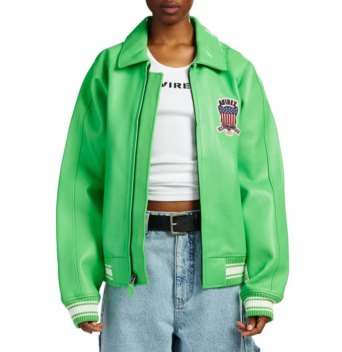 Men's Green Lambskin Leather Varsity Bomber Jacket with USA Logo Appliqué
