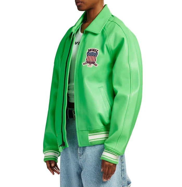 Men's Green Lambskin Leather Varsity Bomber Jacket with USA Logo Appliqué