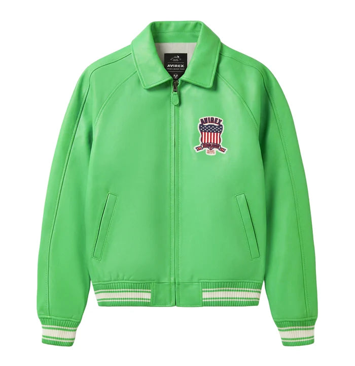Men's Green Lambskin Leather Varsity Bomber Jacket with USA Logo Appliqué