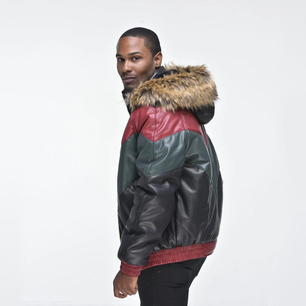 Men's Hooded V-Bomber Real Sheepskin Leather Jacket – Faux Fur Hood