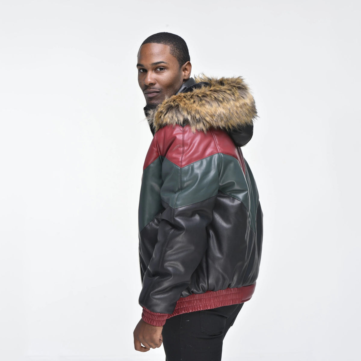 Men's Hooded V-Bomber Real Sheepskin Leather Jacket – Faux Fur Hood