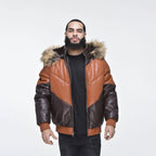 Men's Hooded V-Bomber Real Sheepskin Leather Jacket – Faux Fur Hood