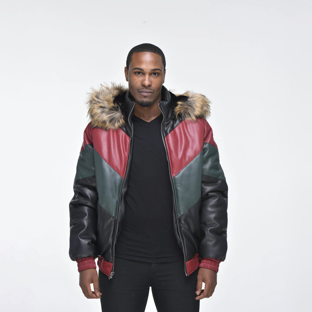 Men's Hooded V-Bomber Real Sheepskin Leather Jacket – Faux Fur Hood
