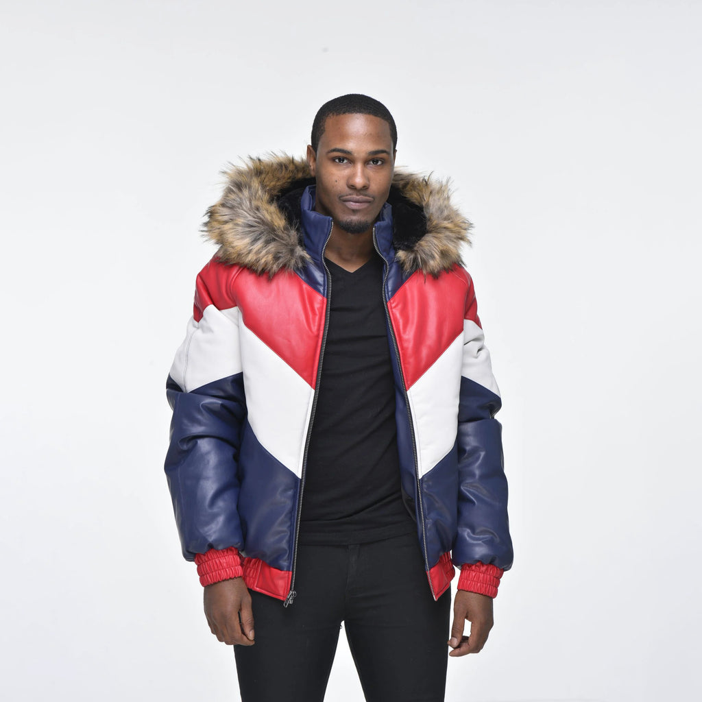 Men's Hooded V-Bomber Real Sheepskin Leather Jacket – Faux Fur Hood