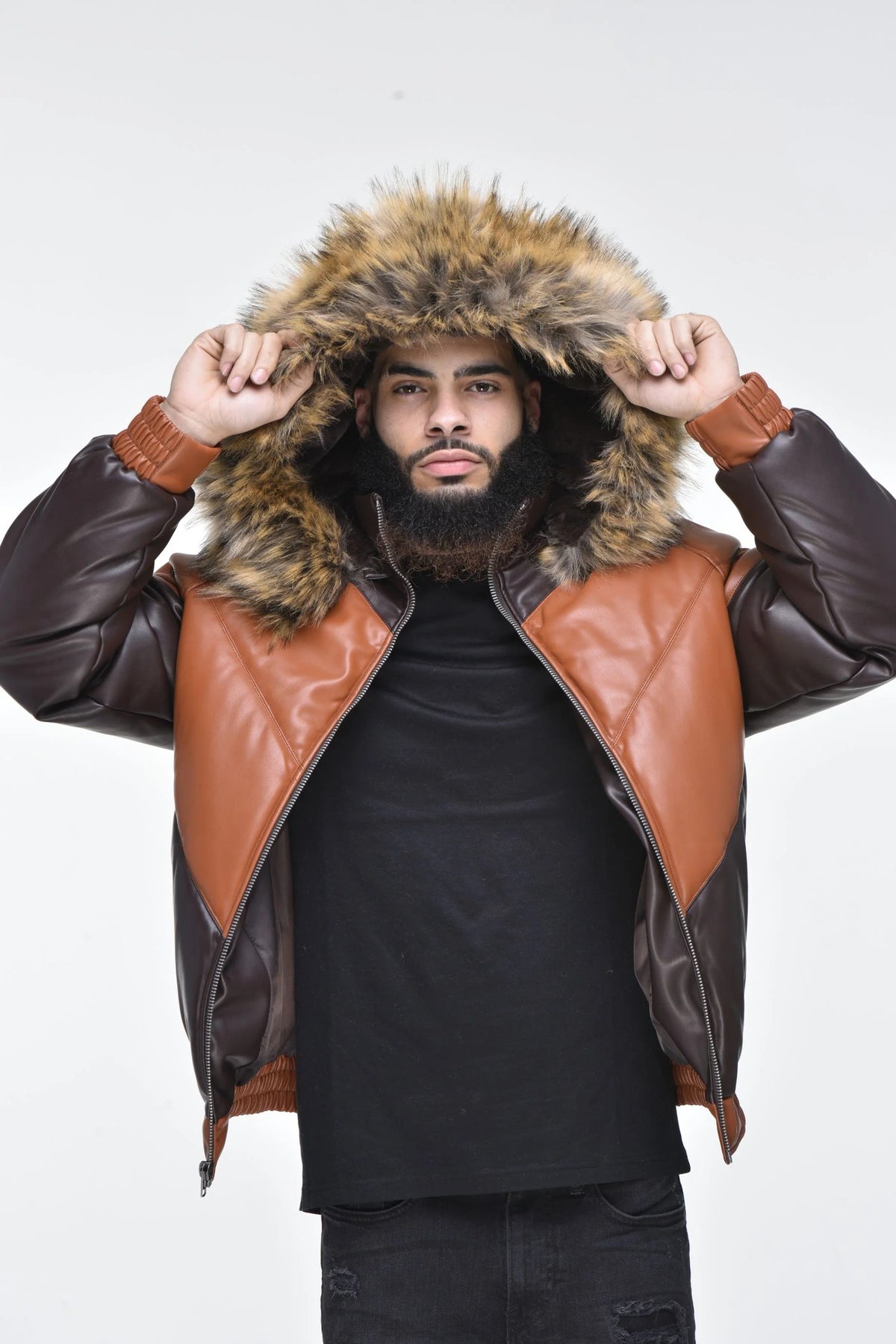 Men's Hooded V-Bomber Real Sheepskin Leather Jacket – Faux Fur Hood