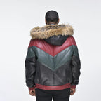 Men's Hooded V-Bomber Real Sheepskin Leather Jacket – Faux Fur Hood