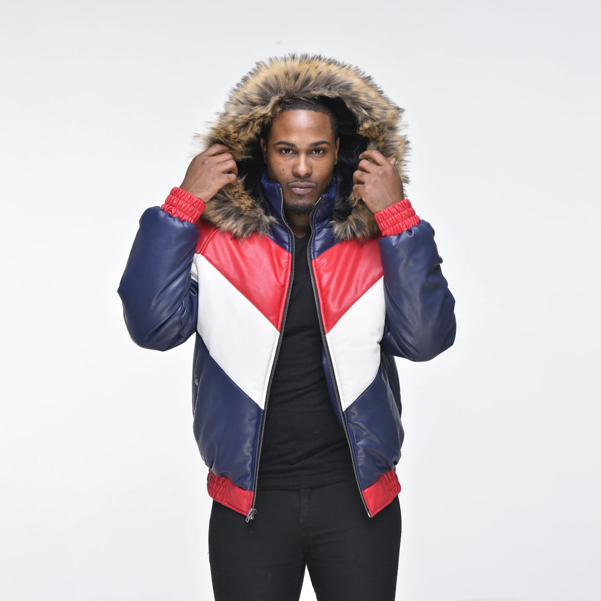 Men's Hooded V-Bomber Real Sheepskin Leather Jacket – Faux Fur Hood