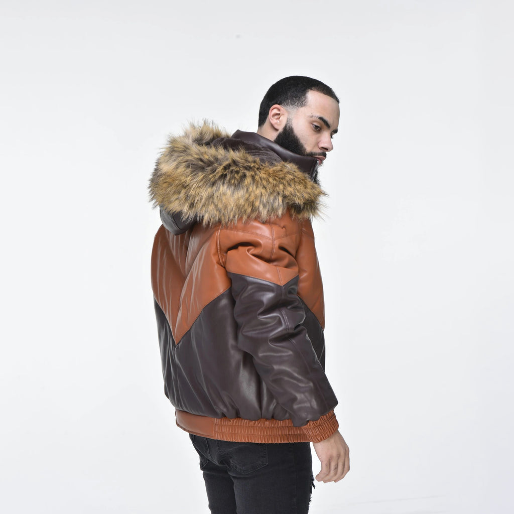 Men's Hooded V-Bomber Real Sheepskin Leather Jacket – Faux Fur Hood
