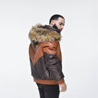 Men's Hooded V-Bomber Real Sheepskin Leather Jacket – Faux Fur Hood