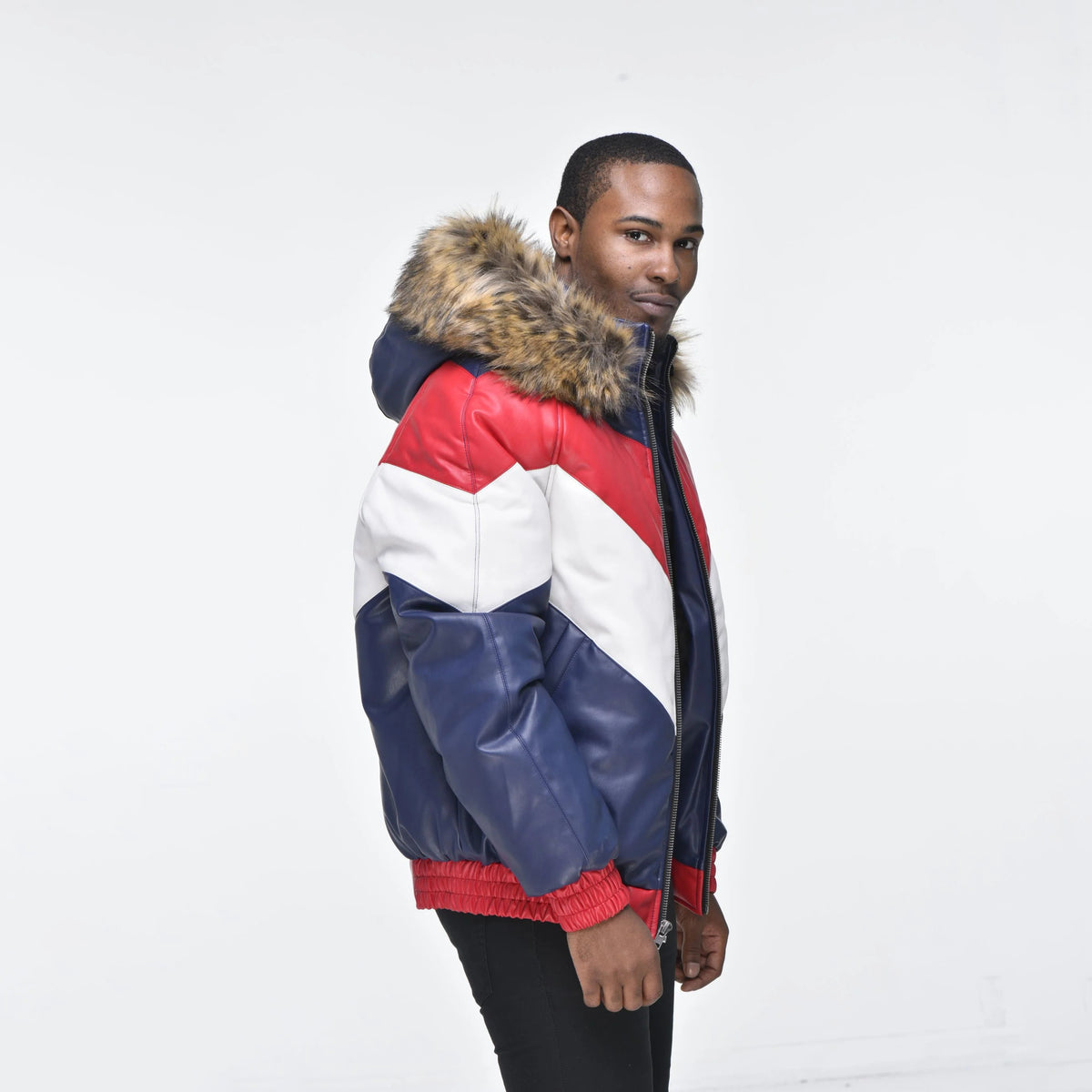 Men's Hooded V-Bomber Real Sheepskin Leather Jacket – Faux Fur Hood