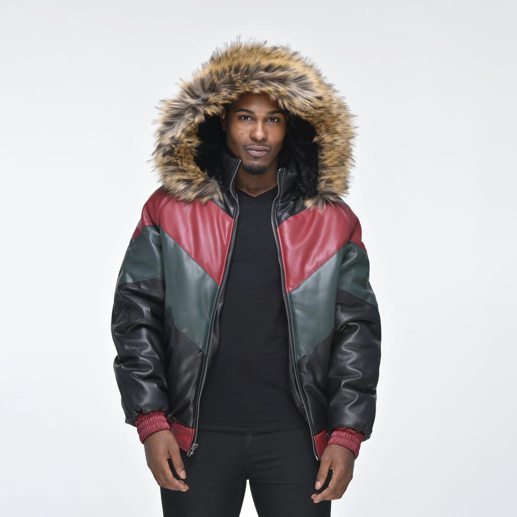 Men's Hooded V-Bomber Real Sheepskin Leather Jacket – Faux Fur Hood
