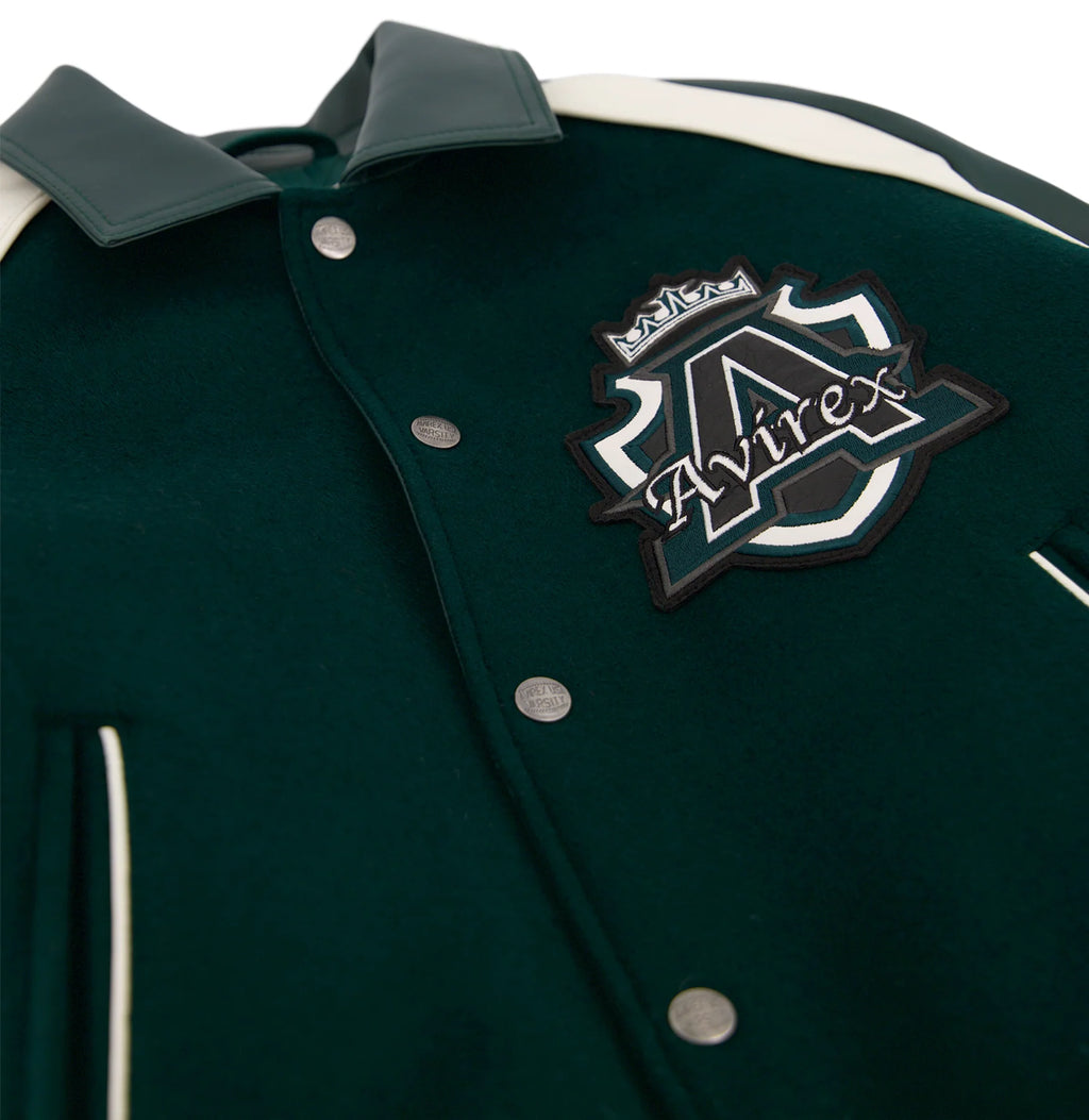 Men's Hunter Green Wool & Leather Varsity Jacket | Croc Crest Appliqué