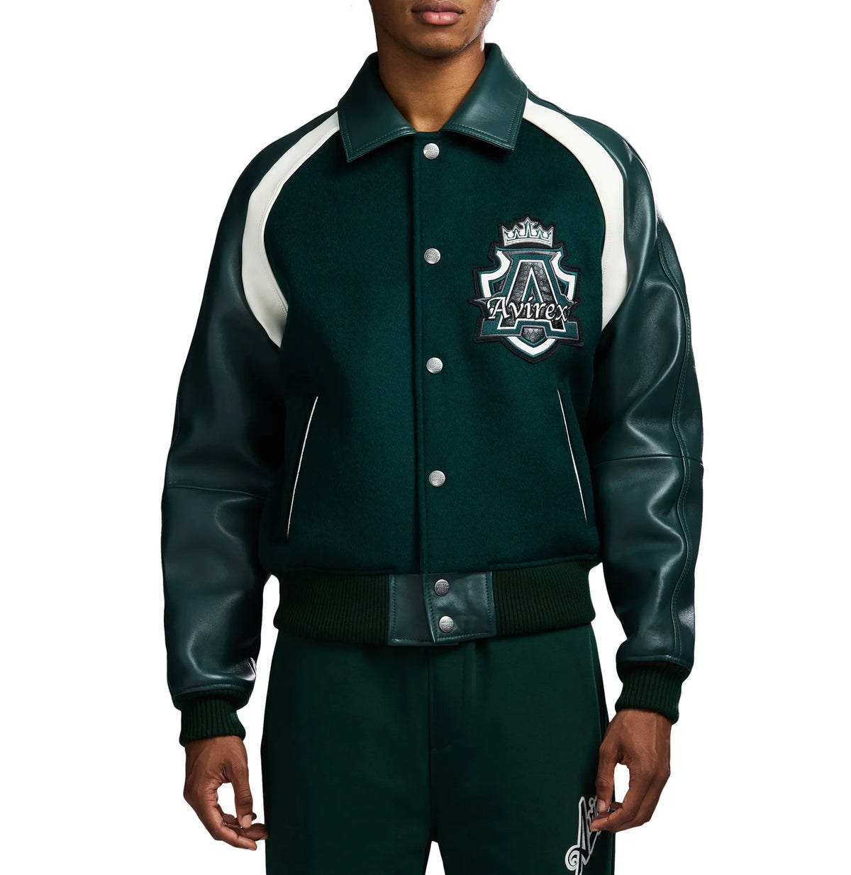 Men's Hunter Green Wool & Leather Varsity Jacket | Croc Crest Appliqué