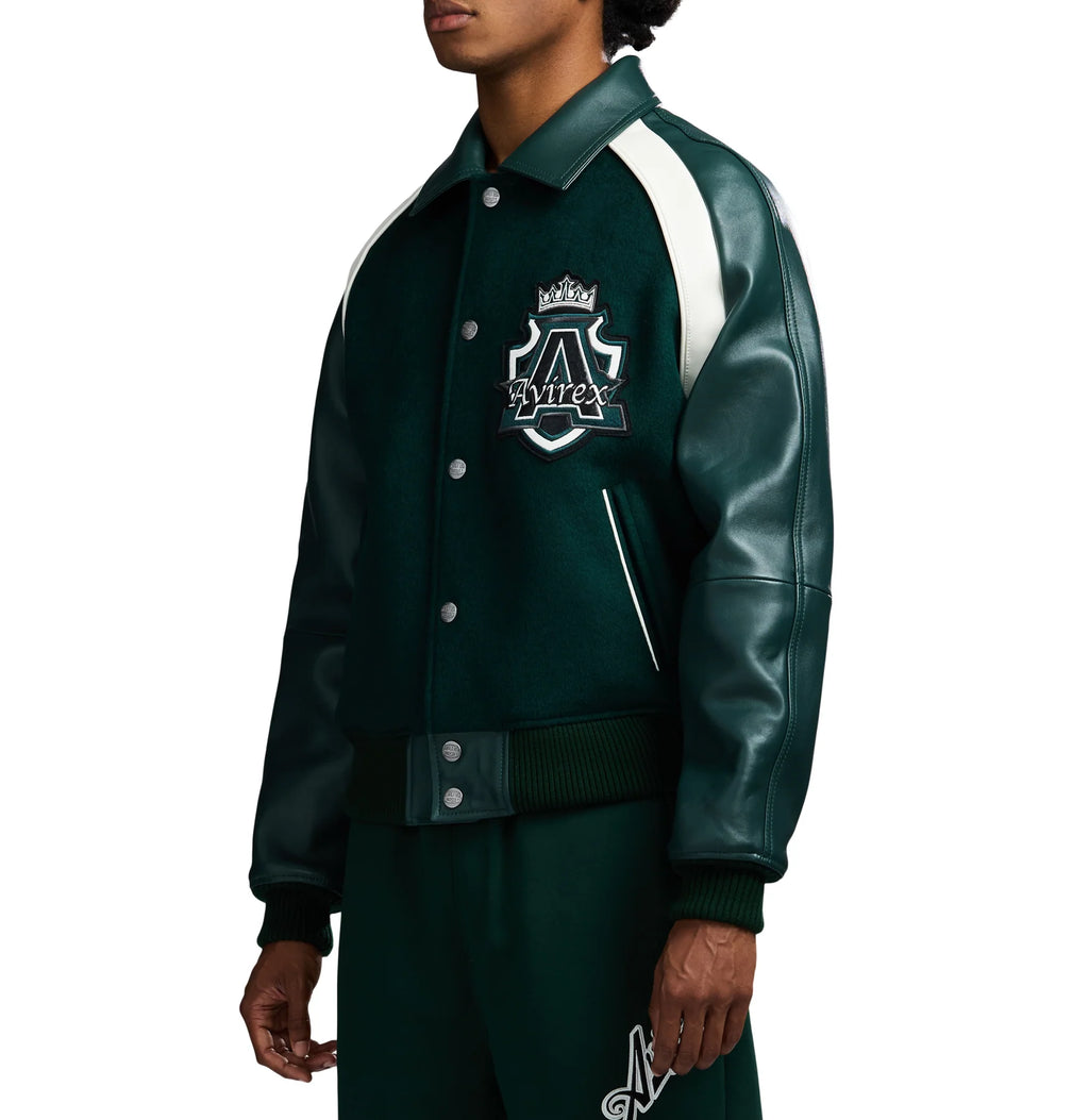 Men's Hunter Green Wool & Leather Varsity Jacket | Croc Crest Appliqué