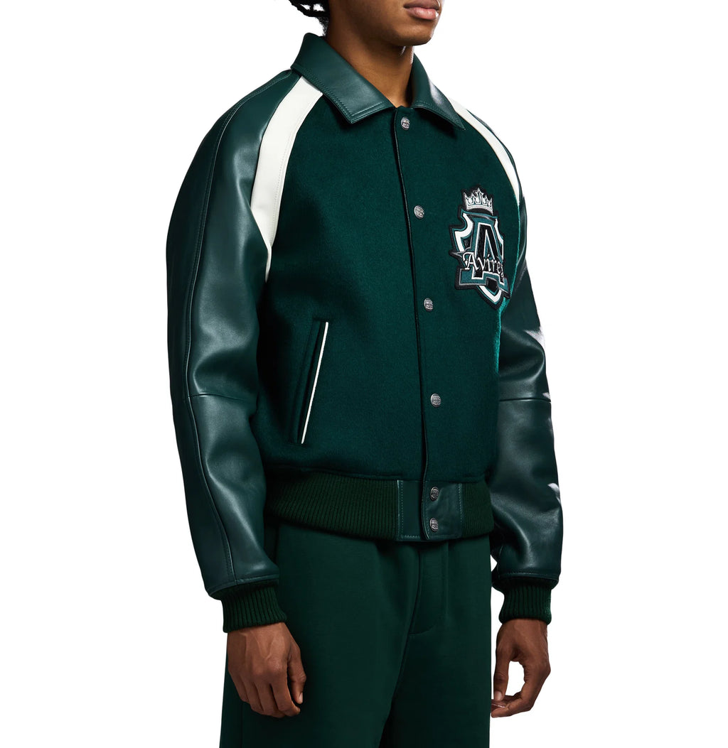 Men's Hunter Green Wool & Leather Varsity Jacket | Croc Crest Appliqué