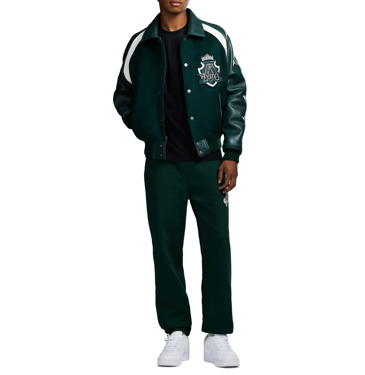 Men's Hunter Green Wool & Leather Varsity Jacket | Croc Crest Appliqué
