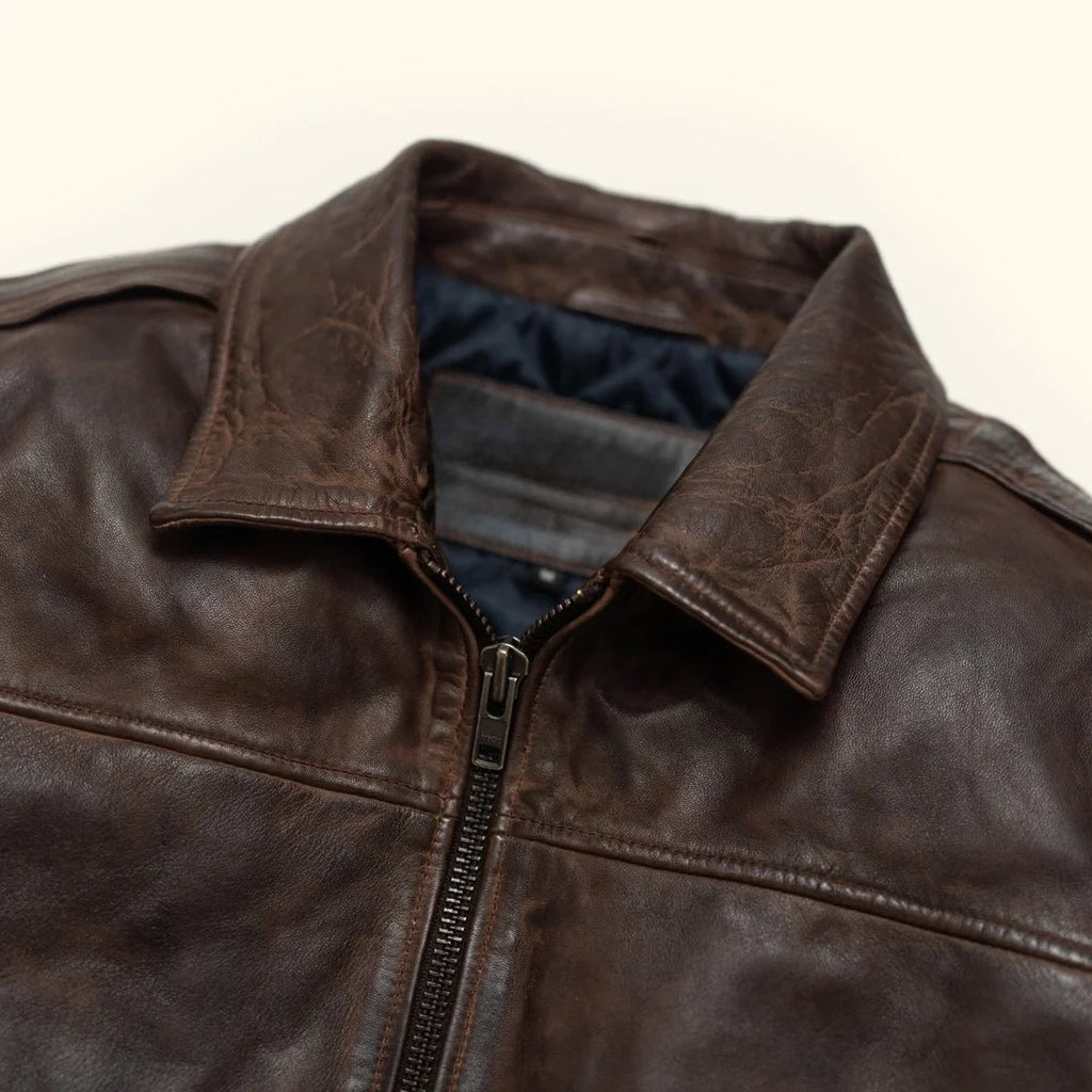 Men's Leather Quilted Shirt Collar Bomber Jacket