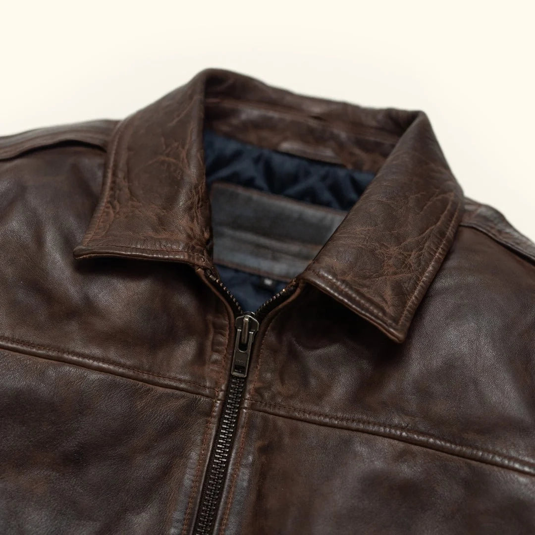 Men's Leather Quilted Shirt Collar Bomber Jacket
