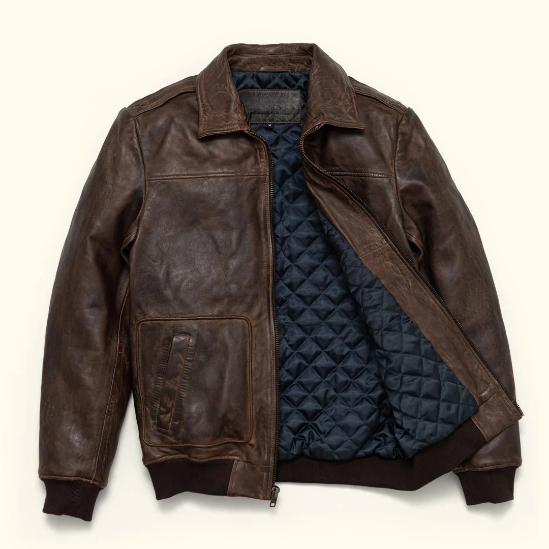 Men's Leather Quilted Shirt Collar Bomber Jacket