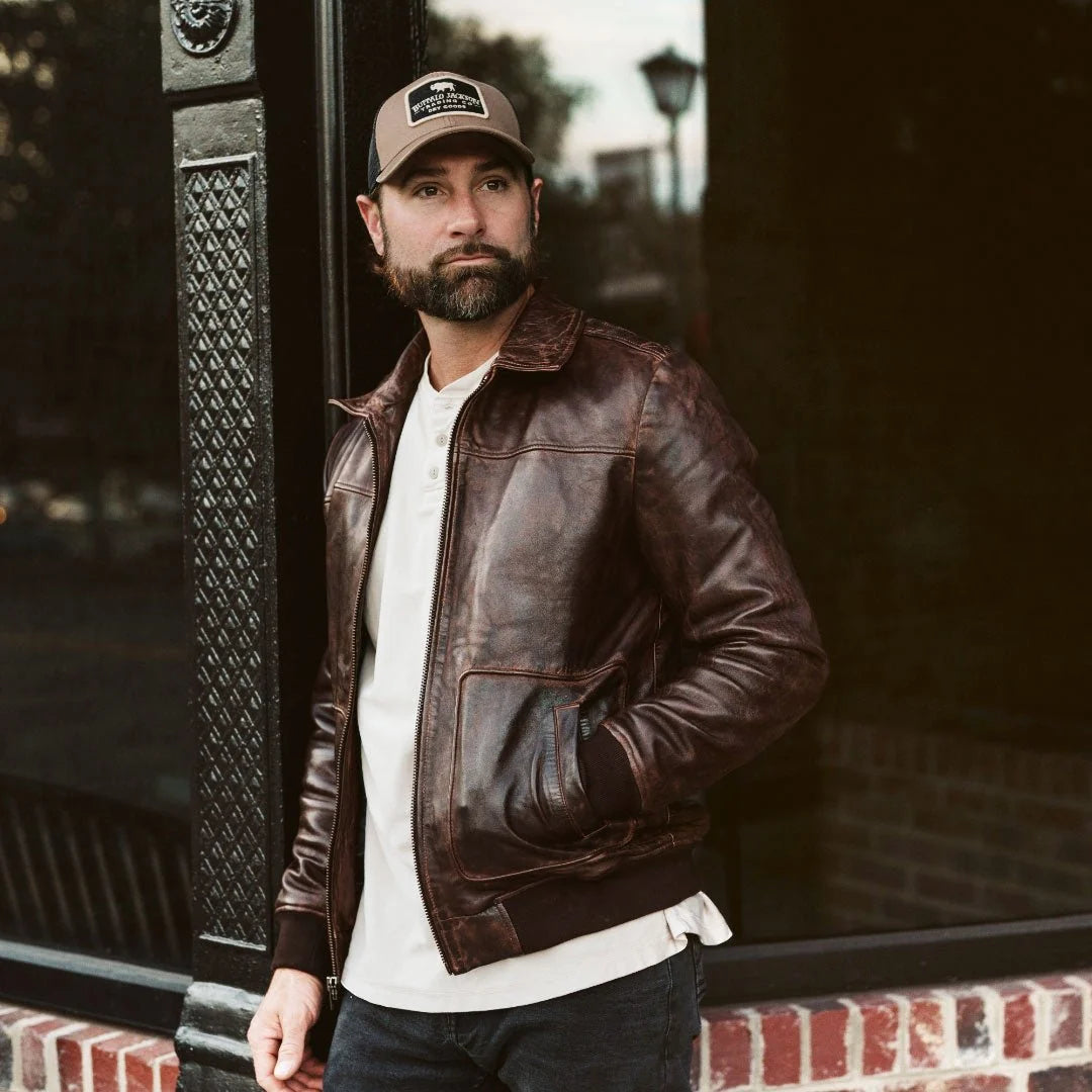 Men's Leather Quilted Shirt Collar Bomber Jacket