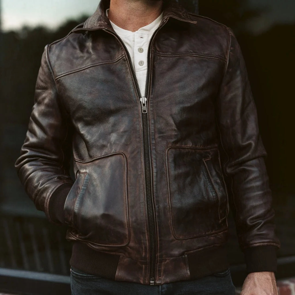 Men's Leather Quilted Shirt Collar Bomber Jacket
