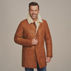 Men's Long Brown Shearling Leather Coat | Real Lambskin Winter Trench Coat by Shearling Jacket