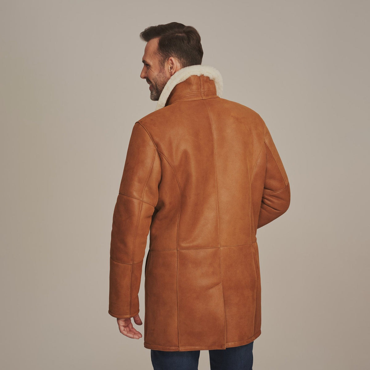 Men's Long Brown Shearling Leather Coat | Real Lambskin Winter Trench Coat by Shearling Jacket