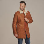Men's Long Brown Shearling Leather Coat | Real Lambskin Winter Trench Coat by Shearling Jacket