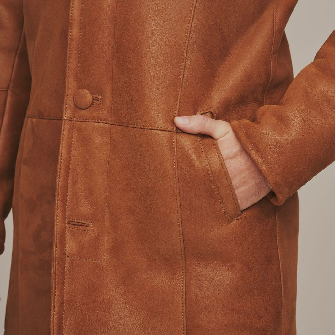 Men's Long Brown Shearling Leather Coat | Real Lambskin Winter Trench Coat by Shearling Jacket