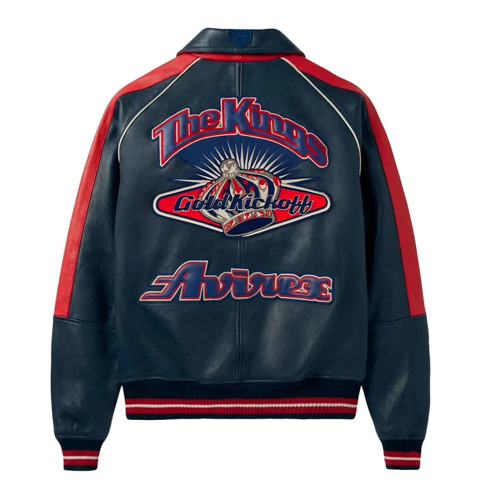 Men's Navy & Red Lambskin Leather Varsity Jacket | The Kings Gold Kickoff Edition