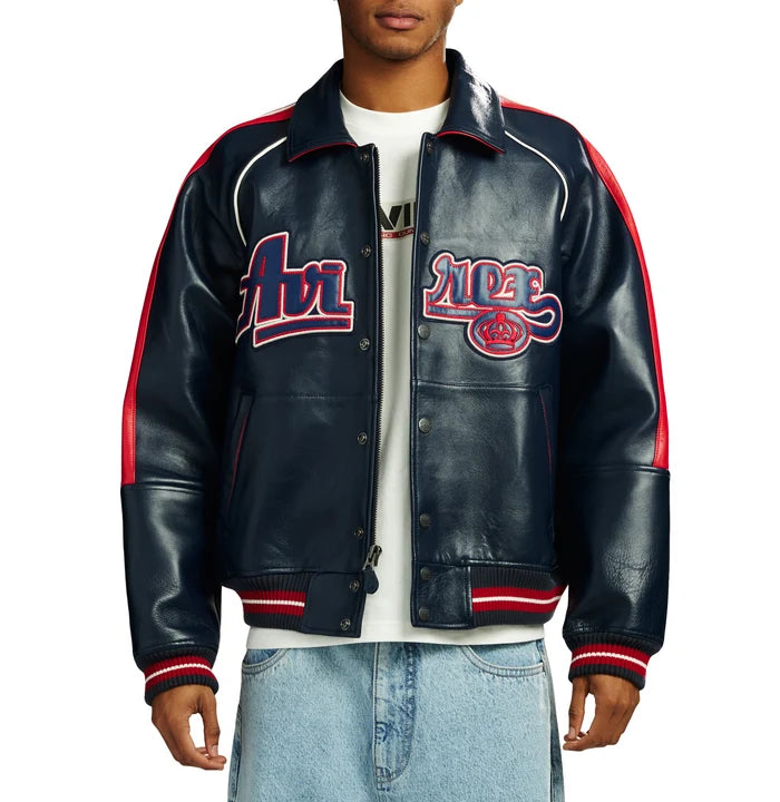Men's Navy & Red Lambskin Leather Varsity Jacket | The Kings Gold Kickoff Edition