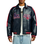 Men's Navy & Red Lambskin Leather Varsity Jacket | The Kings Gold Kickoff Edition