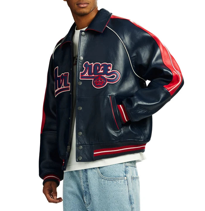 Men's Navy & Red Lambskin Leather Varsity Jacket | The Kings Gold Kickoff Edition