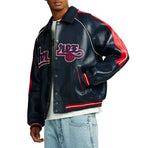 Men's Navy & Red Lambskin Leather Varsity Jacket | The Kings Gold Kickoff Edition