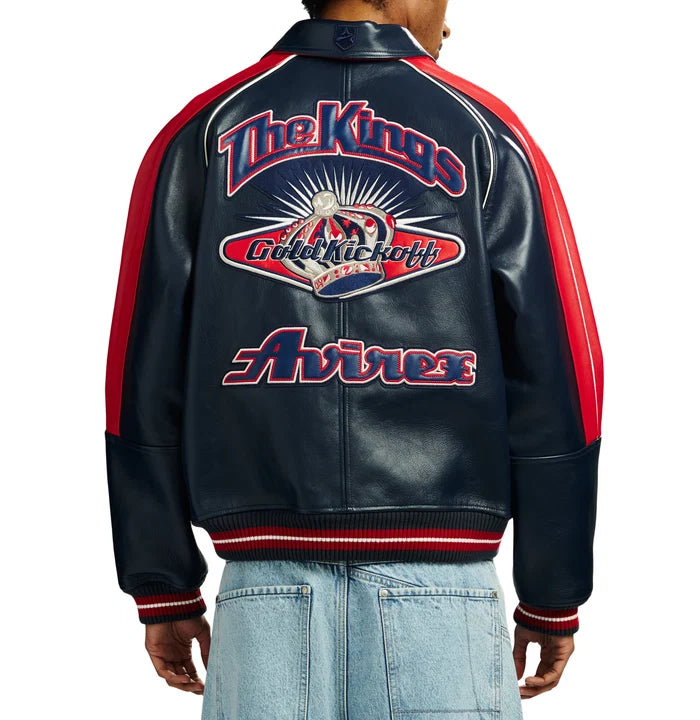 Men's Navy & Red Lambskin Leather Varsity Jacket | The Kings Gold Kickoff Edition