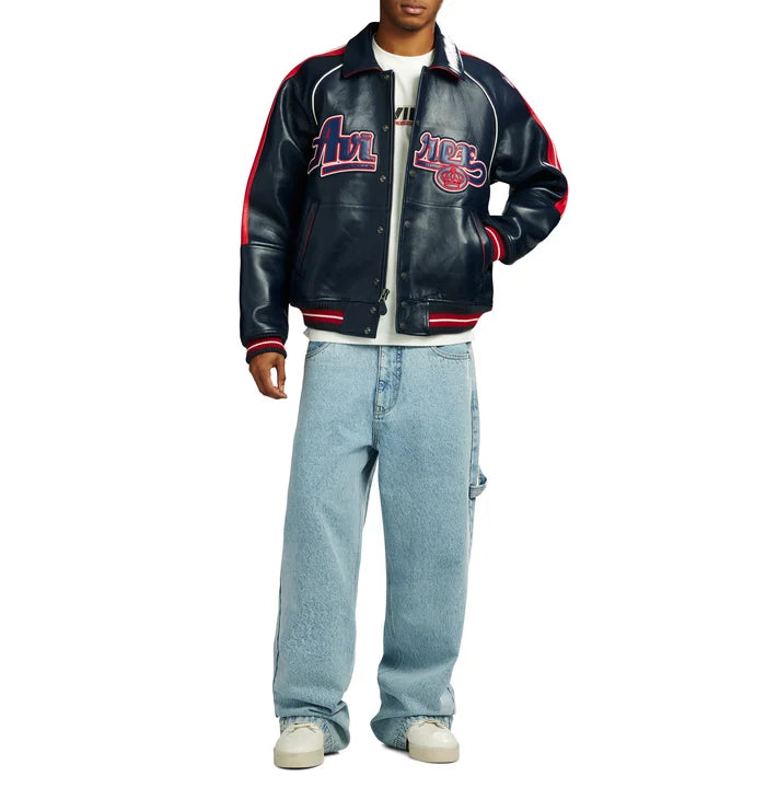 Men's Navy & Red Lambskin Leather Varsity Jacket | The Kings Gold Kickoff Edition