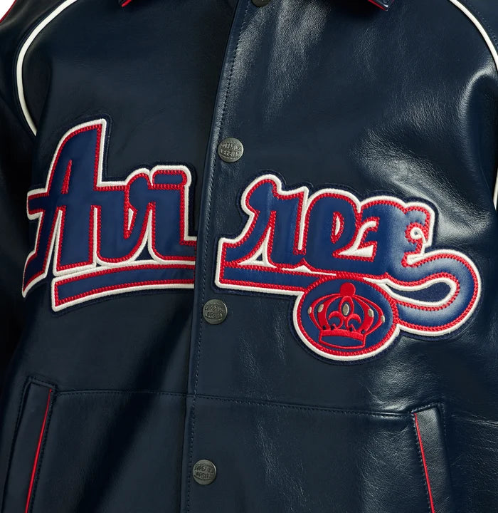 Men's Navy & Red Lambskin Leather Varsity Jacket | The Kings Gold Kickoff Edition