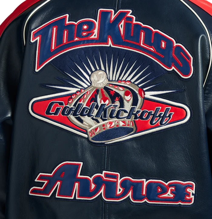 Men's Navy & Red Lambskin Leather Varsity Jacket | The Kings Gold Kickoff Edition