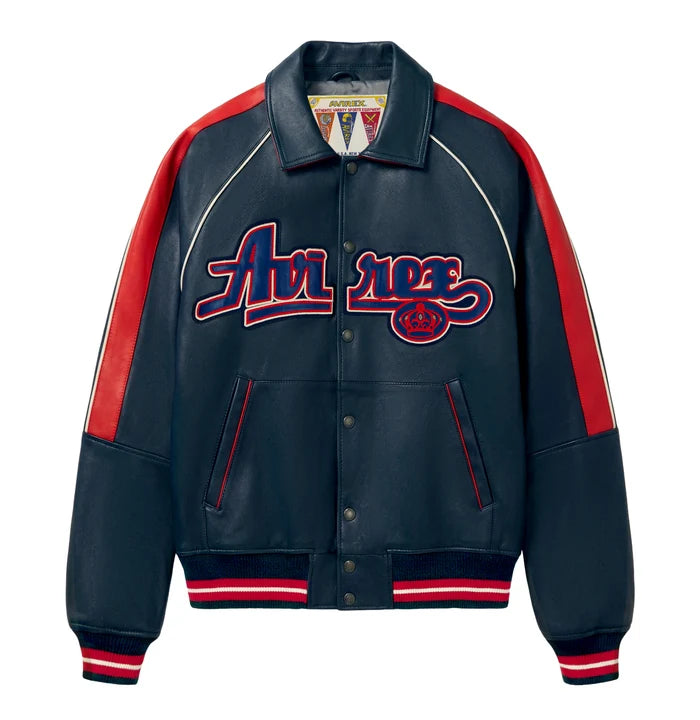 Men's Navy & Red Lambskin Leather Varsity Jacket | The Kings Gold Kickoff Edition