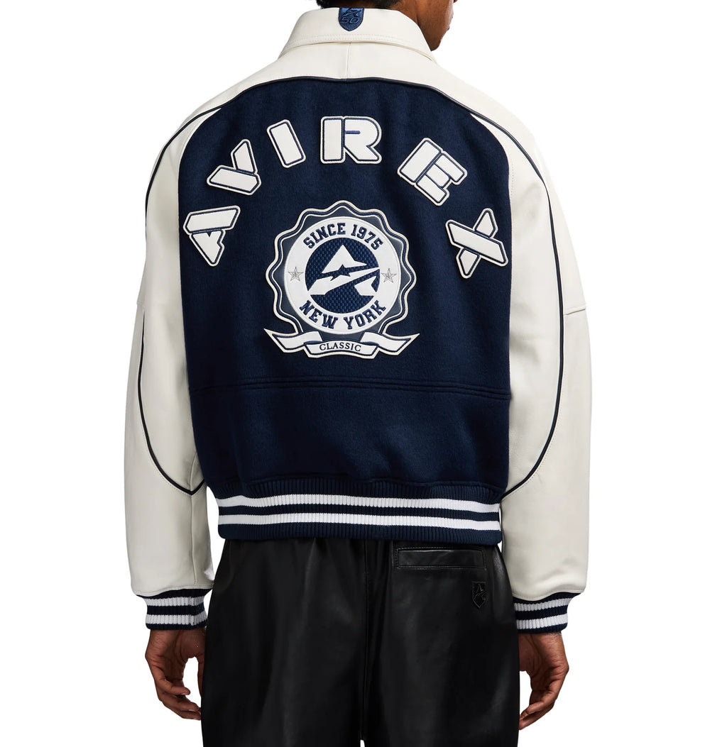 Men's Navy & White Wool Varsity Jacket | New York 1975 Classic Edition